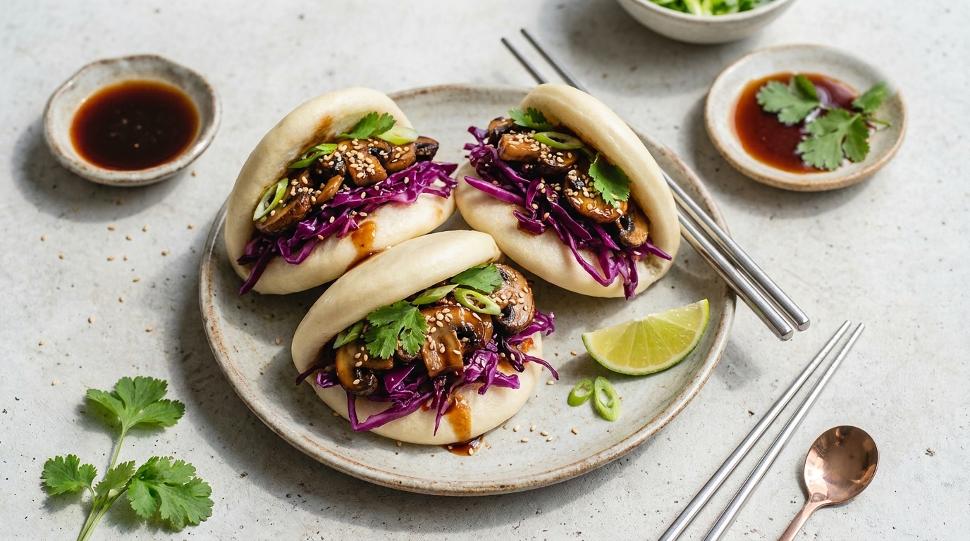 Drei gefaltete Bao-Buns auf einem Teller, gefüllt mit mariniertem Fleisch, Rotkohl, frischem Koriander und Sesam, dazu Limettenschnitz und kleine Schälchen mit Dip.