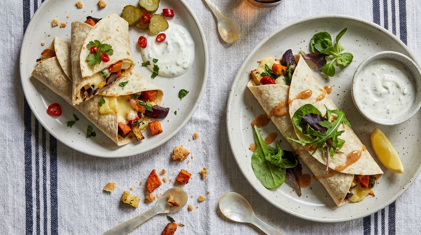 Zwei Teller mit gefüllten Tortilla-Wraps (geröstetes Gemüse, geschmolzener Käse, Blattsalat), dazu ein Schälchen Kräuter-Joghurt-Dip und eine Zitronenscheibe.