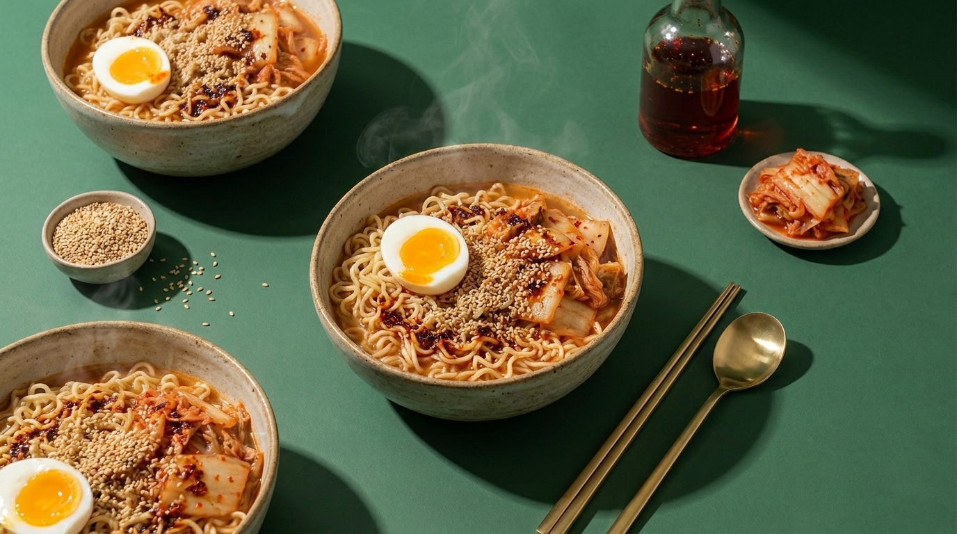 Drei Schalen dampfender Ramen-Nudeln, jeweils mit halbiertem weichgekochtem Ei, Kimchi und Sesamsamen garniert; daneben Essstäbchen, Löffel und eine Flasche Würzsauce.
