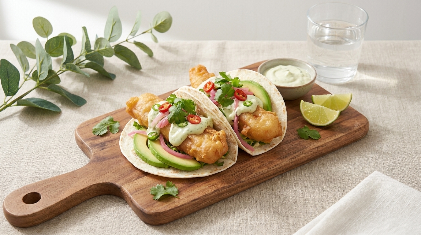 Zwei Fisch-Tacos auf einem Holzbrett: knusprig panierter Fisch in weichen Tortillas mit Avocadoscheiben, cremiger grüner Sauce, frischem Koriander und Limettenschnitz.