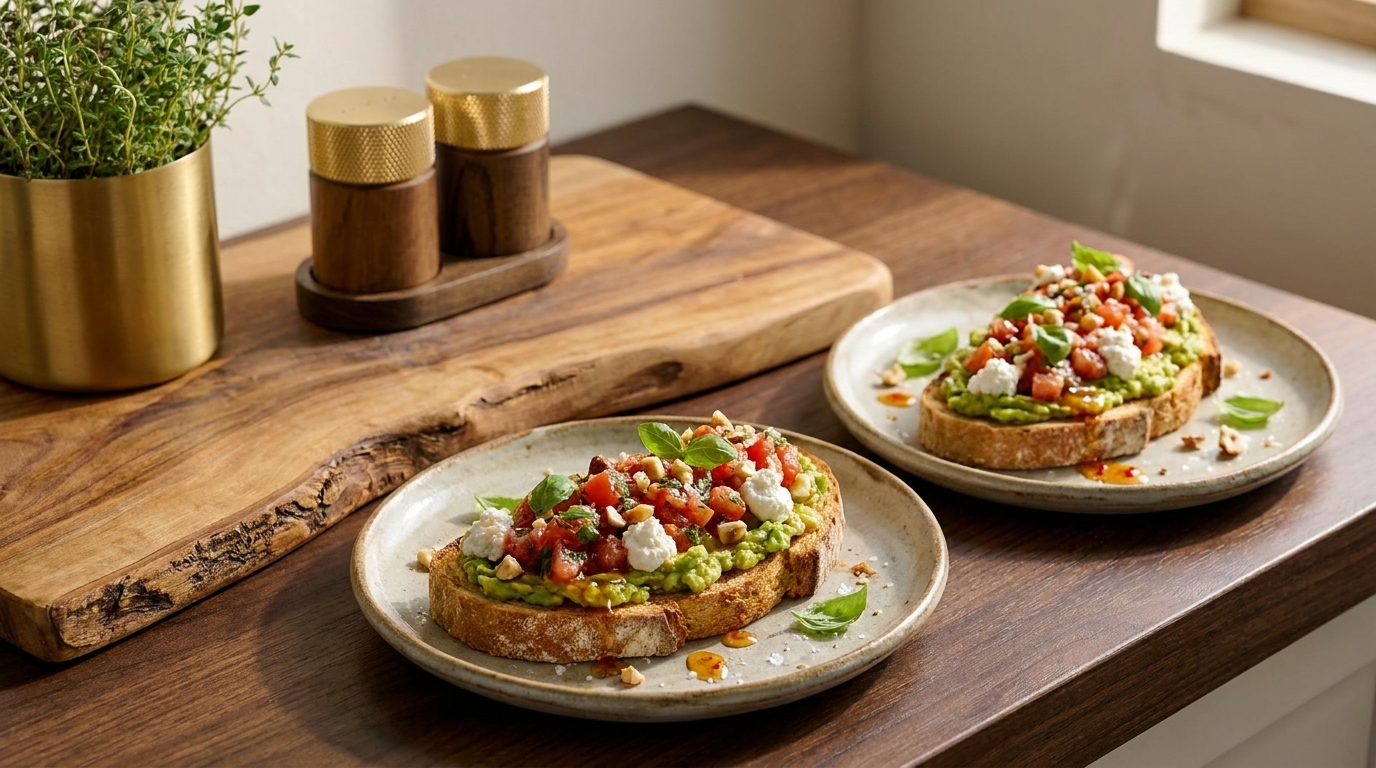 Zwei Teller mit Avocado-Toast: geröstete Brotscheiben bestrichen mit zerdrückter Avocado, belegt mit gewürfelten Tomaten, zerbröseltem Feta und frischen Basilikumblättern, serviert auf einer Holzoberfläche.