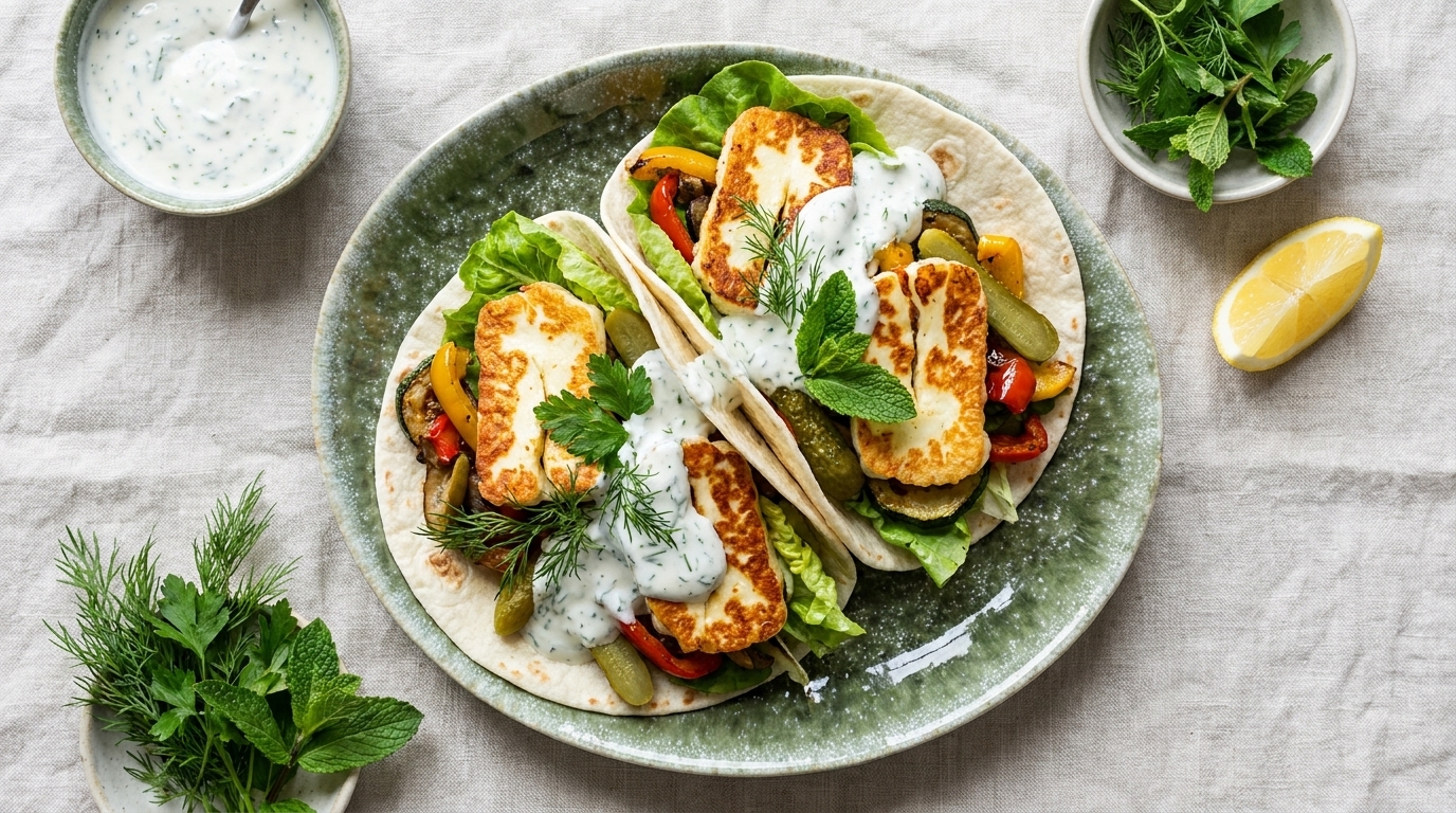 Drei Tacos auf einem Teller, gefüllt mit gegrilltem Halloumi, Salat, geröstetem Gemüse und Gewürzgurke, garniert mit Dill und cremiger Joghurtsauce; Zitronenschnitz und frische Kräuter daneben.