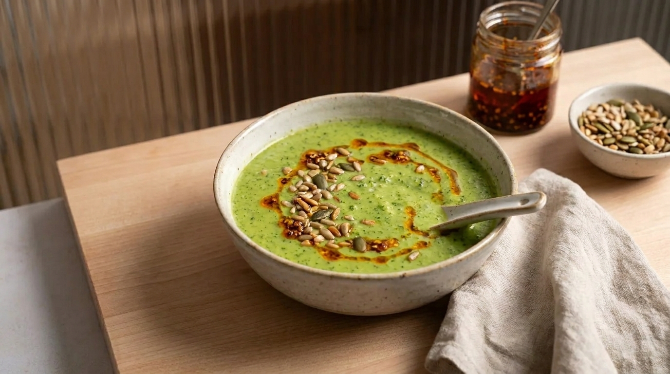 Schüssel mit cremiger grüner Suppe, garniert mit Kürbiskernen und einem Schuss Chiliöl; ein Löffel steckt in der Suppe.