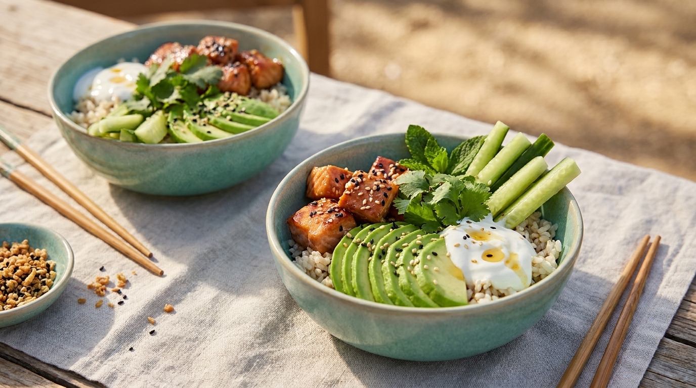 Zwei türkisfarbene Schalen mit Reis-Bowls, garniert mit Avocadoscheiben, Gurkenstiften, glasierter Lachs, halbiertem weichgekochtem Ei, frischen Kräutern und Sesam.