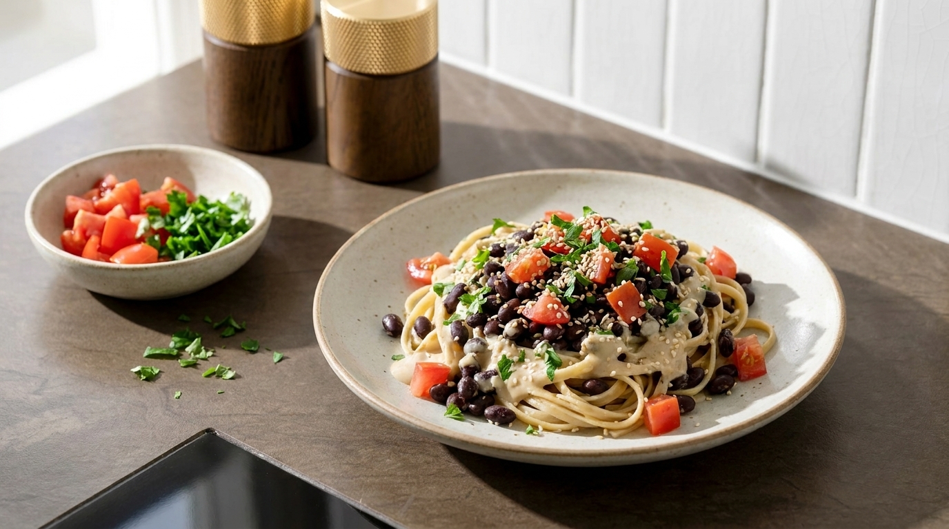 Teller mit Spaghetti in cremiger Sauce, garniert mit schwarzen Bohnen, gewürfelten Tomaten und frisch gehackter Petersilie.