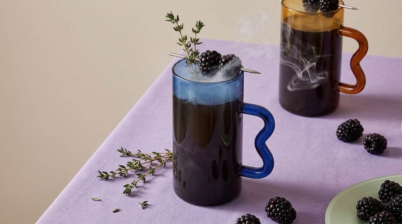 Zwei hohe Gläser mit dunklem, dampfendem Getränk, je mit Brombeere und Thymianzweig garniert; weitere Brombeeren liegen auf einer lila Tischdecke.