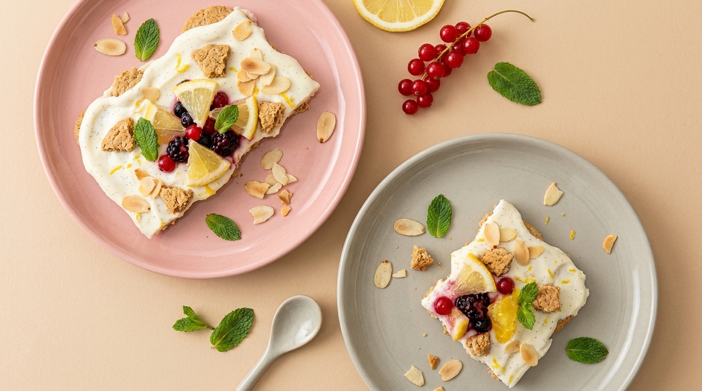 Zwei kleine Kuchenstücke auf Pastelltellern, bestrichen mit Creme und garniert mit Zitronenscheiben, Orangenfilets, roten Johannisbeeren, Beeren, Mandelblättchen, Minzblättern und Keksstücken.
