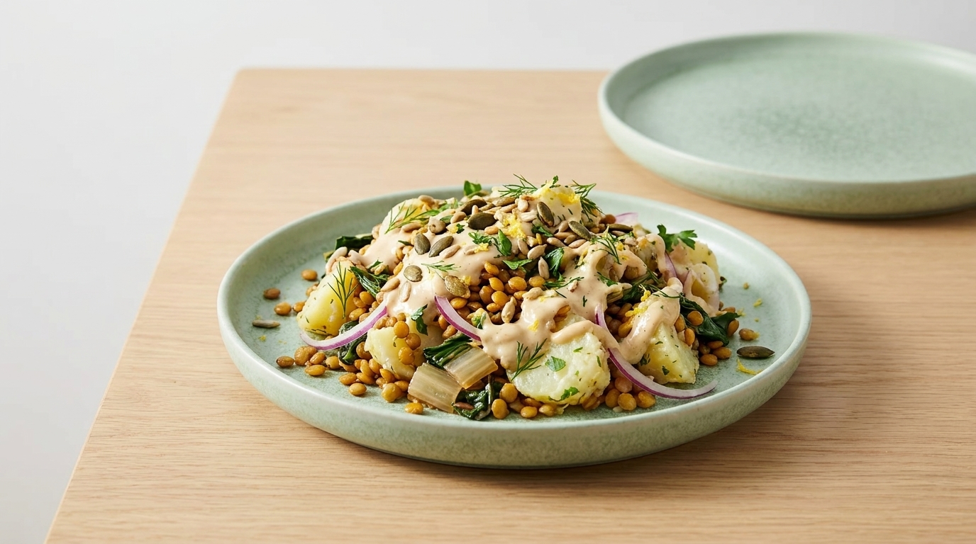 Teller mit Linsensalat aus Linsen, Artischockenherzen, roten Zwiebelringen, frischen Kräutern, Kürbiskernen und cremigem Dressing.
