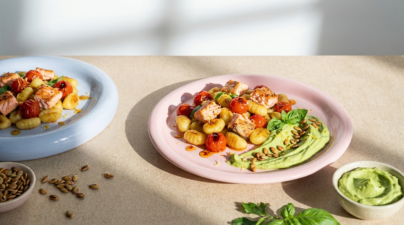 Rosa Teller mit gebräunten Gnocchi, gerösteten Kirschtomaten und gebratenen Proteinstücken, dazu Avocadocreme und geröstete Kerne.