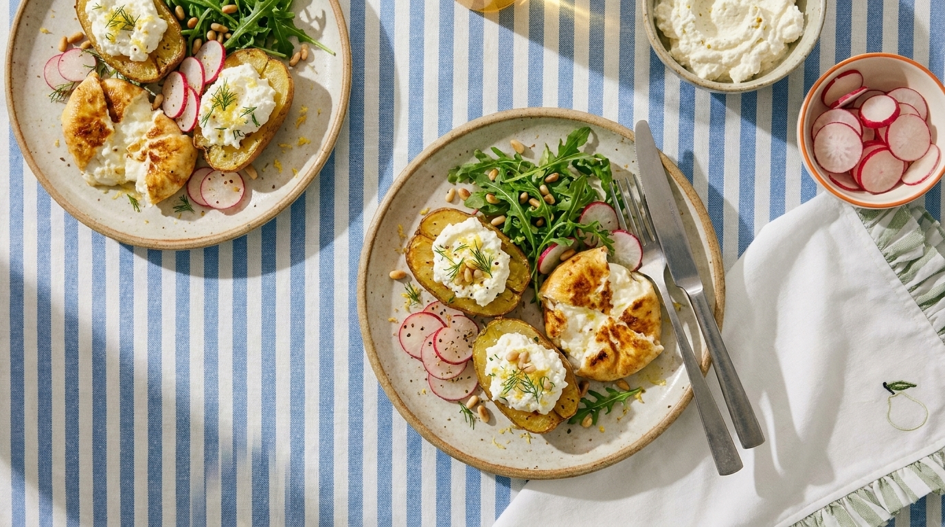 Zwei Teller mit gebratenen Kartoffelpuffern, jeweils garniert mit Sauerrahm/Frischkäse, Radieschenscheiben und Rucola; Besteck und Serviette auf blau-weiß gestreiftem Tischläufer.