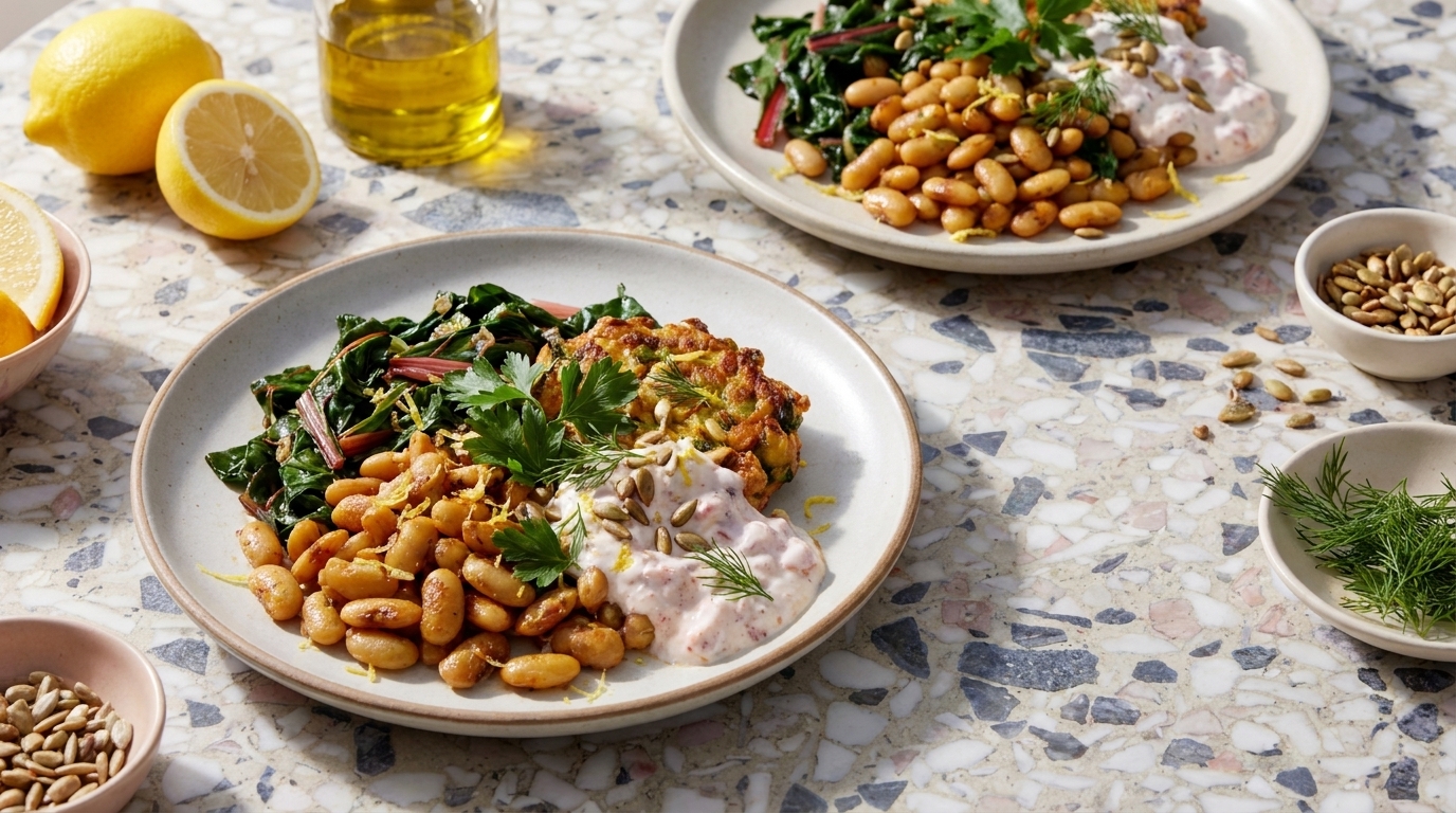 Teller mit weißen Bohnen, sautiertem Blattgemüse, Kräuterjoghurt und einem Gemüse-Küchlein, garniert mit Petersilie und Dill.