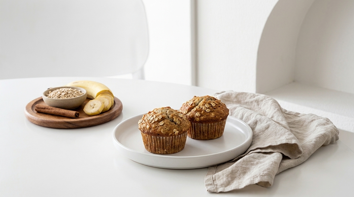 Zwei Hafer‑Bananen‑Muffins mit Haferflocken auf einem weißen Teller, daneben eine beige Leinenserviette; im Hintergrund Schale mit Haferflocken, Bananenscheiben und Zimtstange.