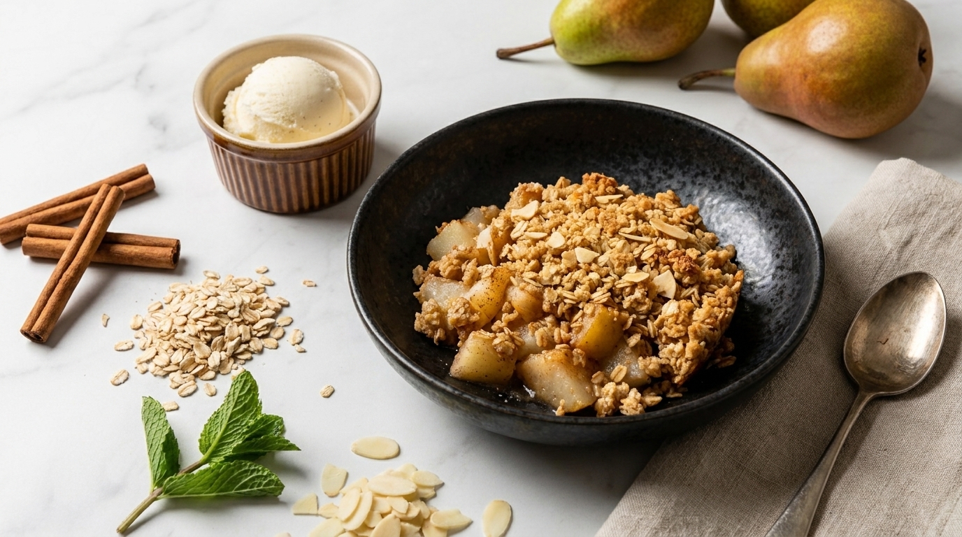 Schwarze Schüssel mit warmem Birnen-Crumble: karamellisierte Birnenstücke und knusprige Haferstreusel; daneben Schale mit Vanilleeis sowie Zimtstangen, Haferflocken und Mandelblättchen.