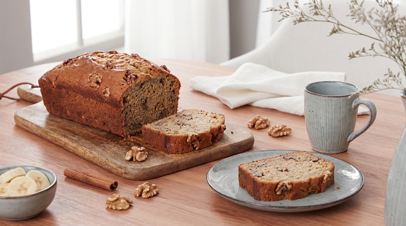 Bananen-Nusskuchen auf Holzbrett, teilweise aufgeschnitten; eine Scheibe auf einem Teller, verstreute Walnussstücke, Tasse, Schale mit Bananenscheiben und Zimtstange – gemütliches Frühstücksarrangement.