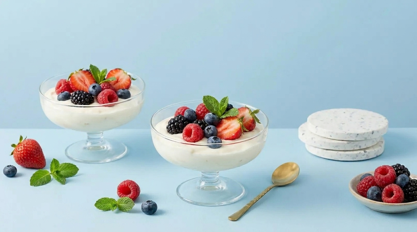 Zwei Glasschalen mit Joghurtcreme, garniert mit Erdbeeren, Himbeeren, Heidelbeeren, Brombeeren und Minzblättern vor hellem Hintergrund.