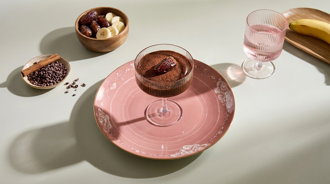 Gläserner Dessertkelch mit schokoladiger Mousse, oben mit einer Dattel garniert, auf einem rosa verzierten Teller.