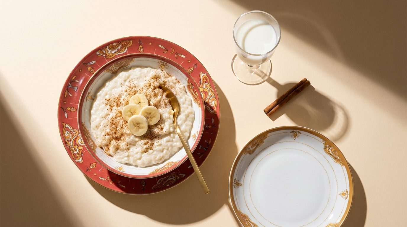 Schale Haferbrei mit Bananenscheiben, Zimt und Löffel; daneben Glas Milch und leerer Teller.