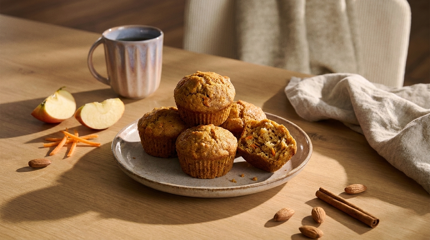 Teller mit fünf goldbraunen Muffins, einer aufgeschnitten und mit Apfelstücken und Nüssen, daneben Apfelscheiben, Mandeln und Zimtstangen; eine Tasse Kaffee im Hintergrund.