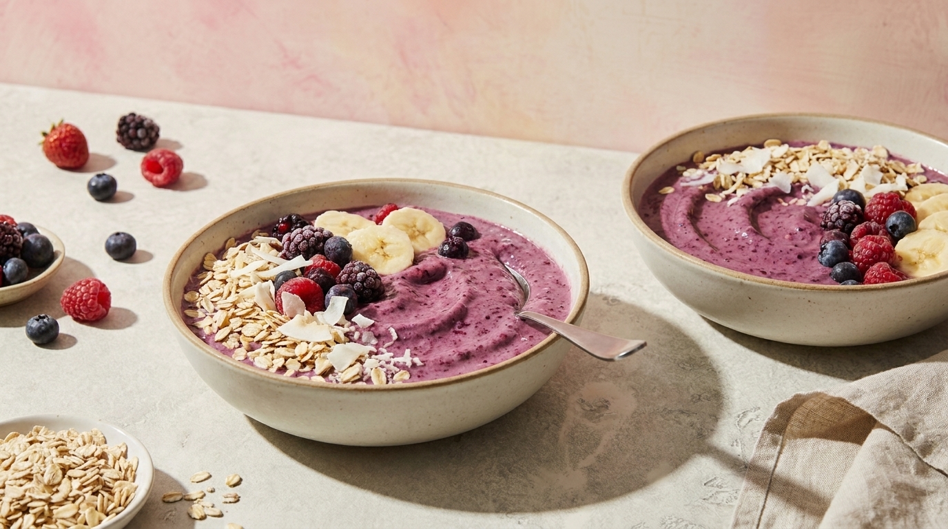 Zwei Schalen mit lila Smoothie-Bowl, garniert mit Haferflocken, Bananenscheiben und gemischten Beeren; in einer Schale ein Löffel. Einige Beeren und Haferflocken liegen daneben.