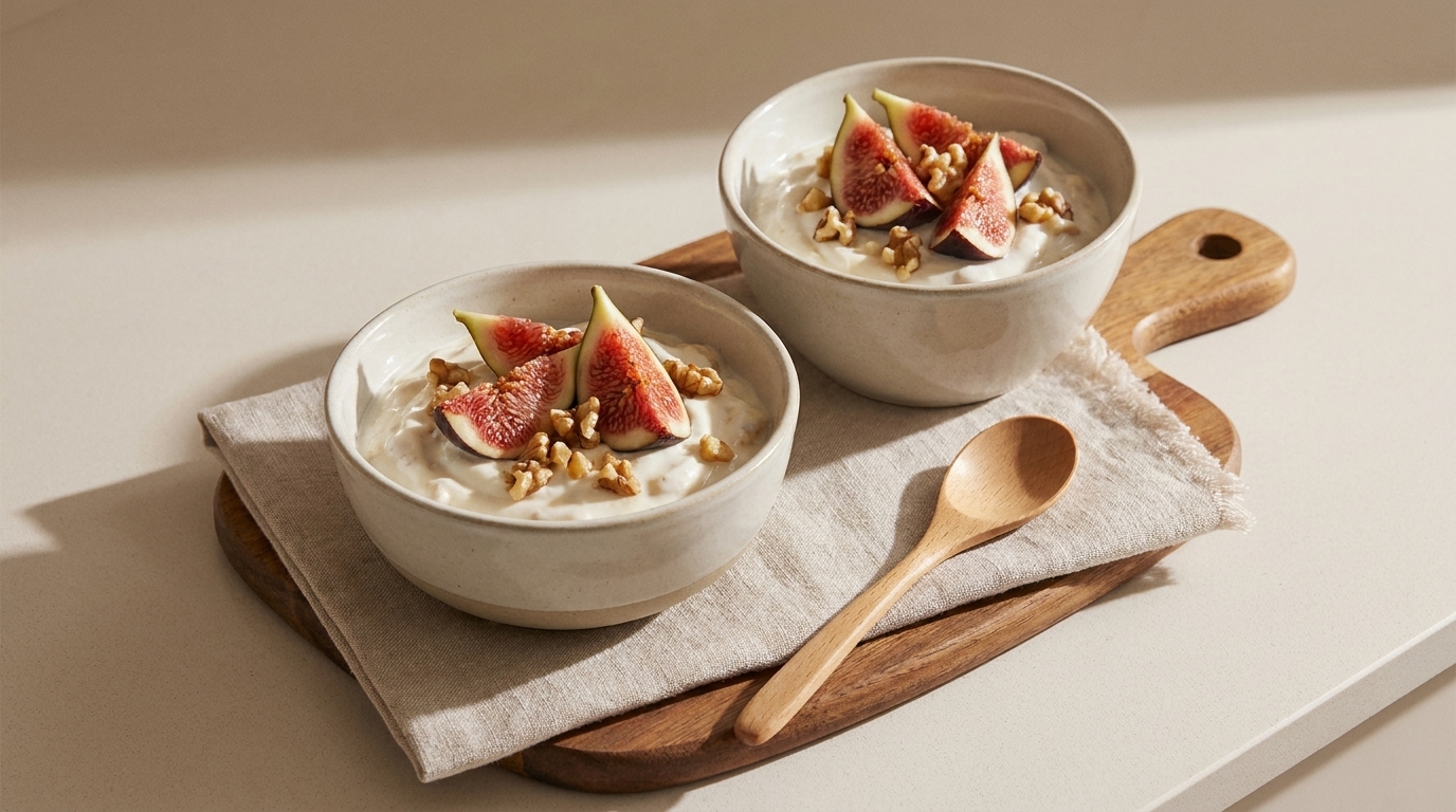 Zwei Schalen mit Joghurt, garniert mit halbierten frischen Feigen und gehackten Nüssen, auf einem Holzbrett mit einem Holzlöffel serviert.