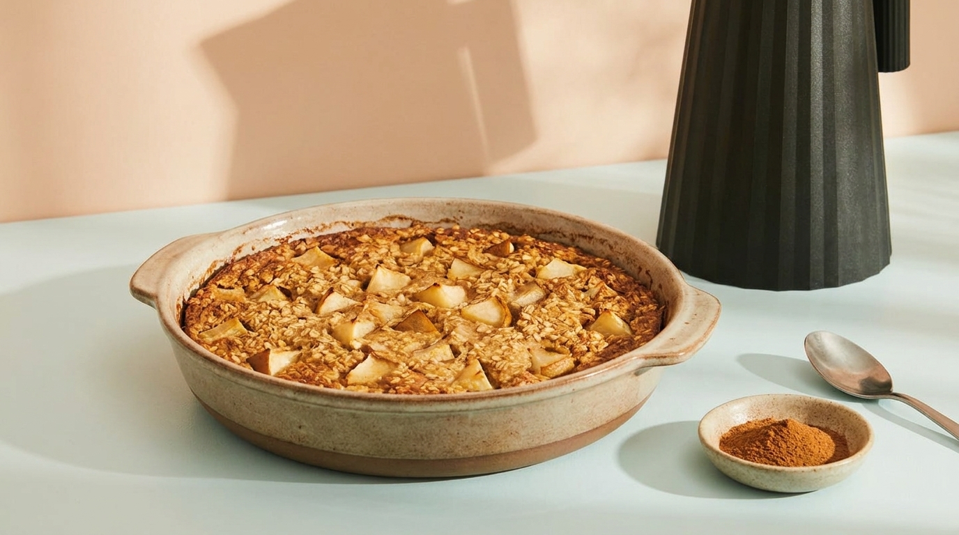 Frisch gebackener Apfel-Crumble in runder Keramikform mit sichtbaren Apfelstücken und knuspriger Streuselschicht; daneben kleines Schälchen mit Zimt und ein Löffel.