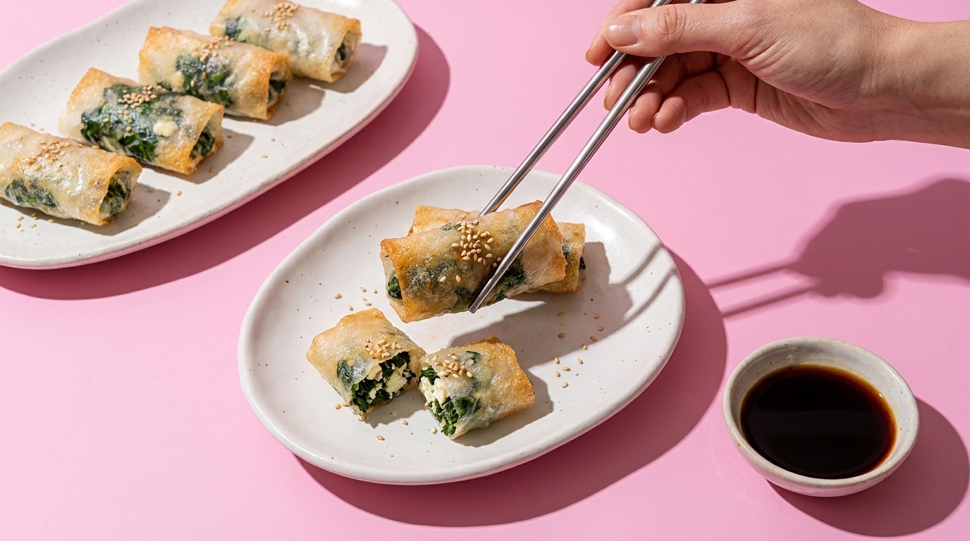 Drei knusprig gebratene Frühlingsrollen mit grüner Füllung auf weißem Teller, eine davon wird mit Essstäbchen gehalten; daneben ein kleines Schälchen dunkler Dip‑Sauce.