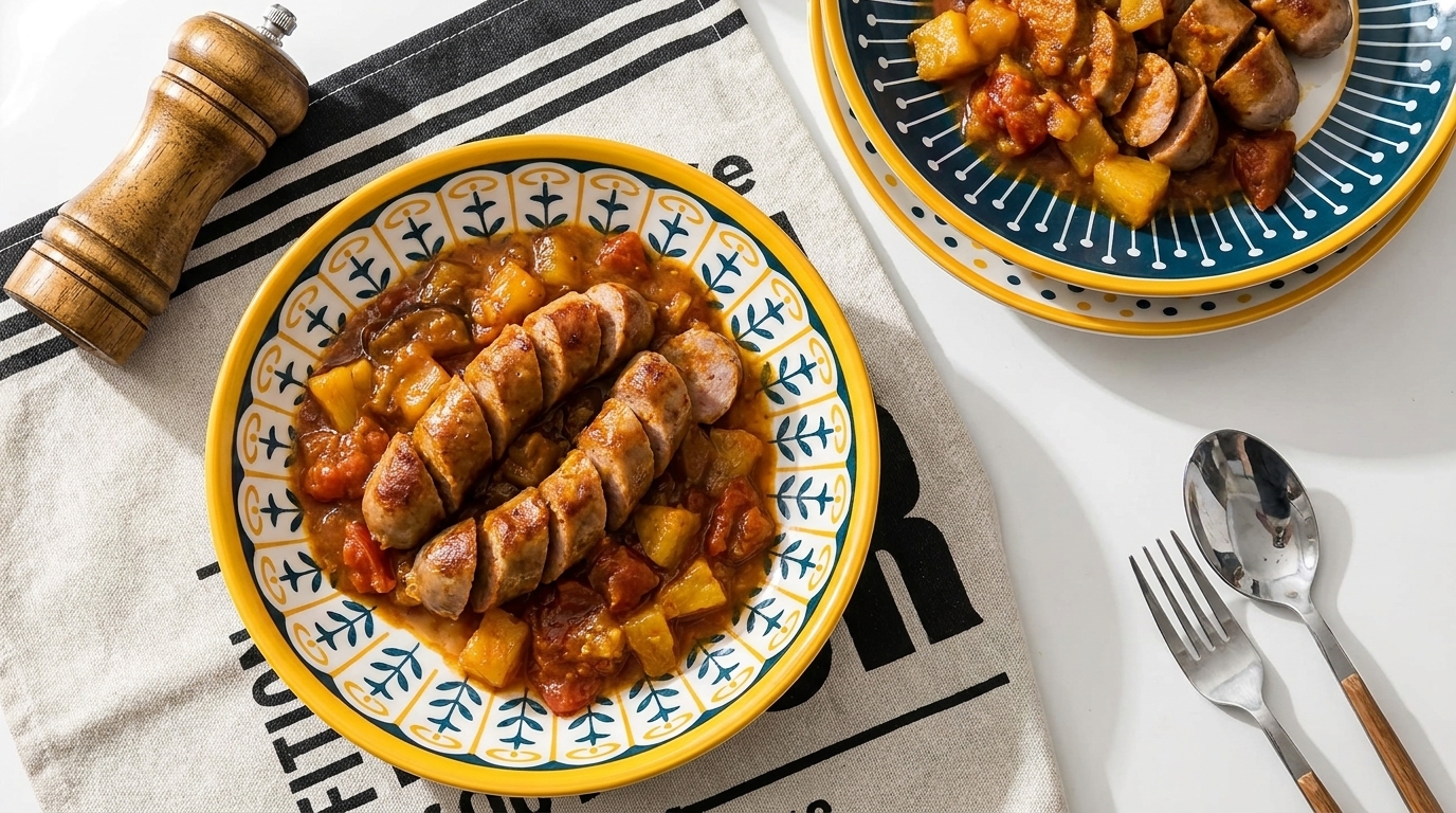 Zwei bunte Schalen mit in Scheiben geschnittener Bratwurst auf würzigem Kartoffel‑Tomaten‑Eintopf.