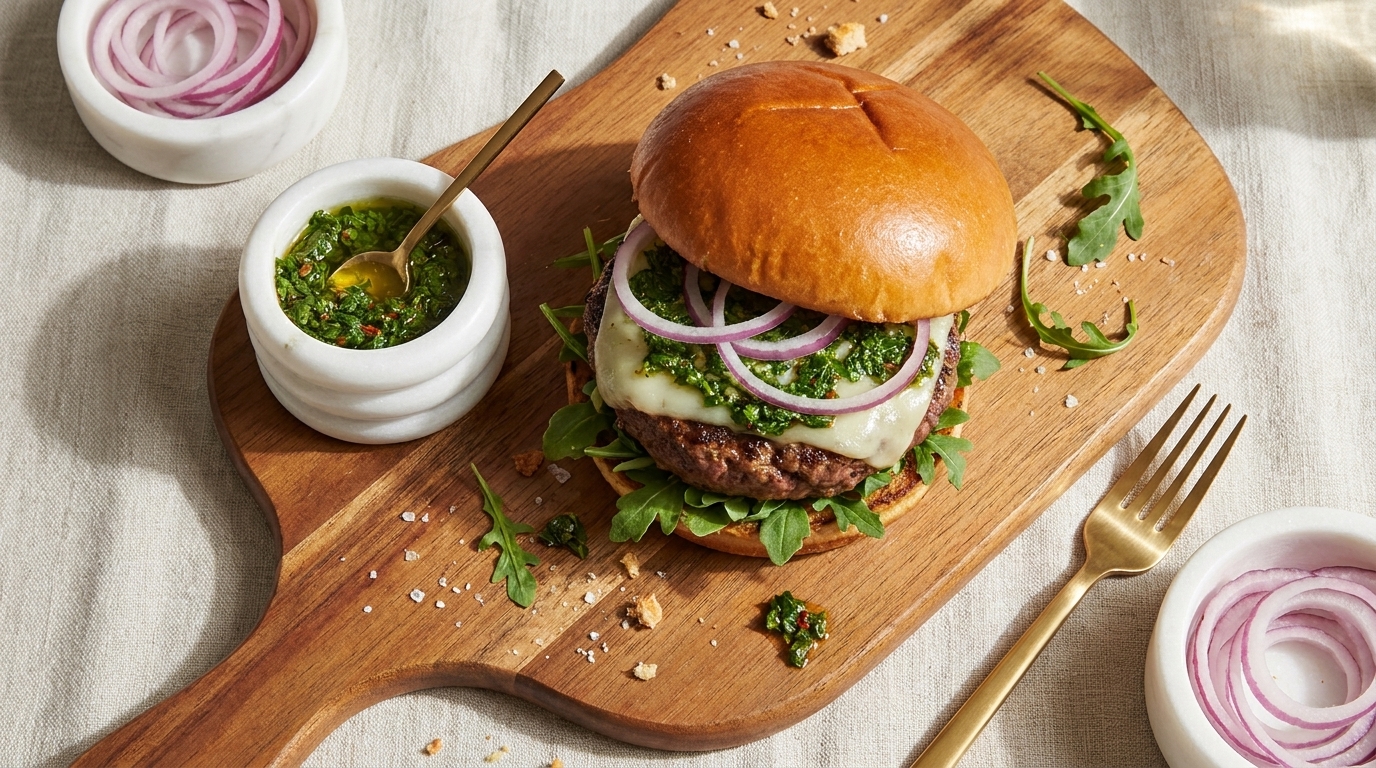 Nahaufnahme eines Cheeseburgers auf Holzbrett: Briochebrötchen, Rindfleischpatty mit geschmolzenem Käse, Rucola, roten Zwiebelringen und grüner Kräutersauce.