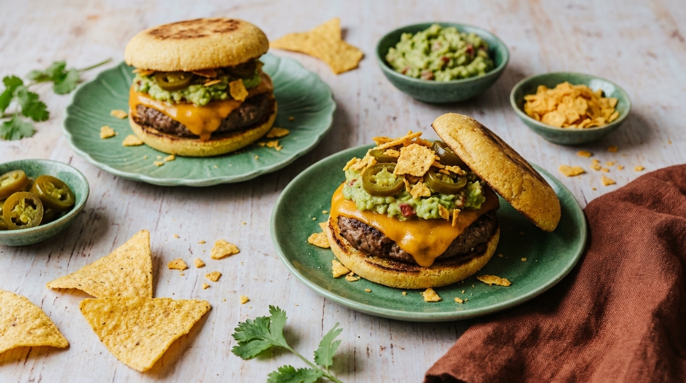 Zwei Burger auf grünen Tellern mit Rindfleischpattys, geschmolzenem Cheddar, Guacamole, Jalapeños und Tortilla‑Chips; im Hintergrund kleine Schälchen mit Guacamole, Jalapeños und Cornchips.