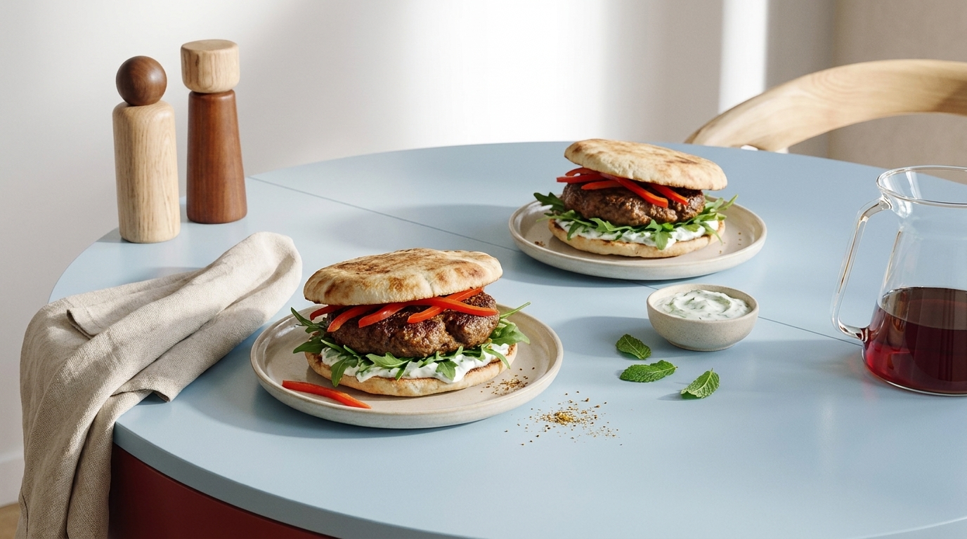 Zwei gefüllte Fladenbrote auf Tellern: mit frischem Salat, gegrilltem Gemüse (Paprika/Zucchini), Kräuter-Joghurtsoße und Tomaten, dazu eine kleine Schale mit zusätzlichem Dip.
