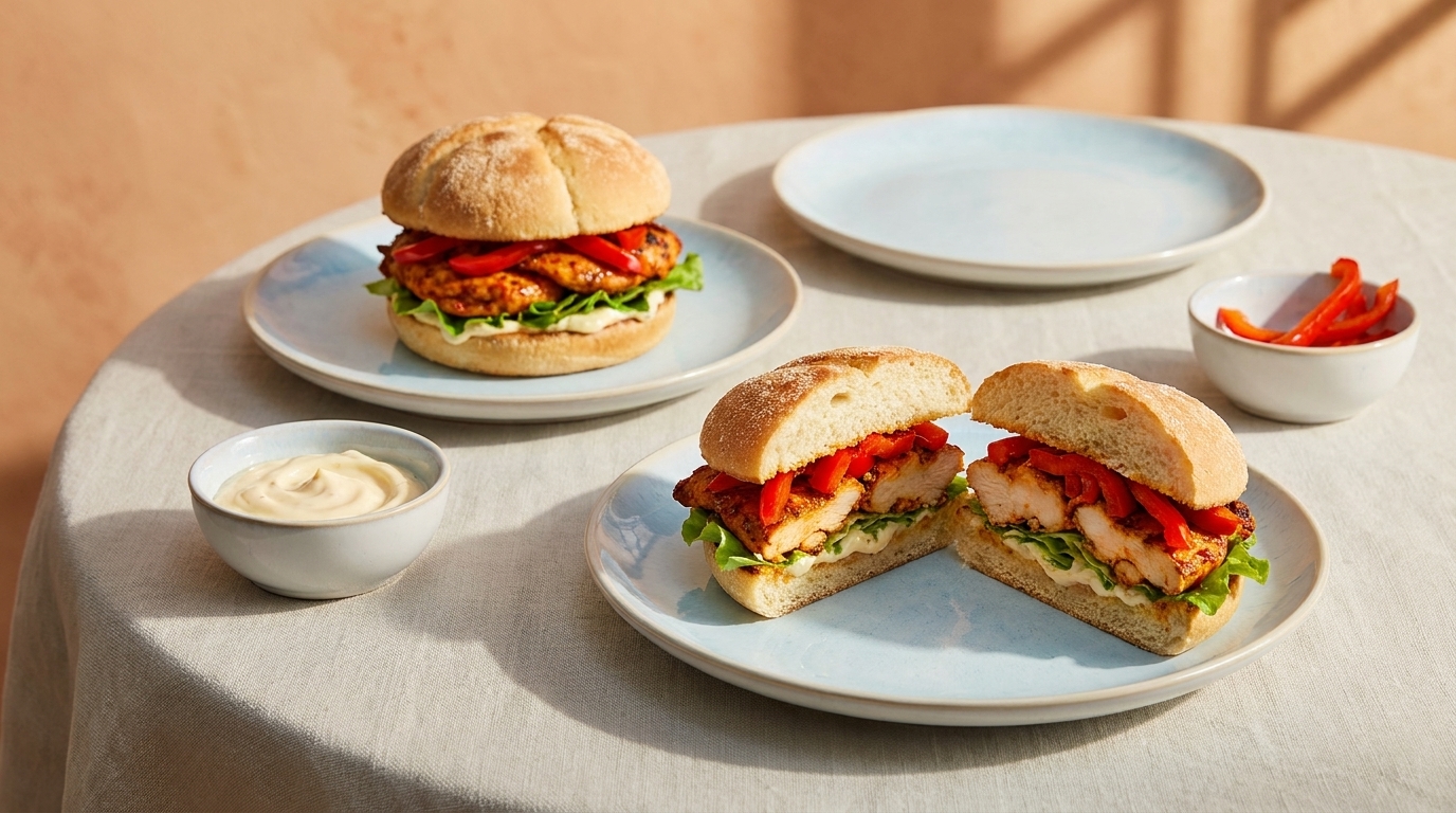 Zwei belegte Brötchen mit gegrilltem Hähnchen, Blattsalat und gerösteten roten Paprikastreifen; eines ganz, eines halbiert auf Tellern, daneben eine kleine Schale mit Sauce.