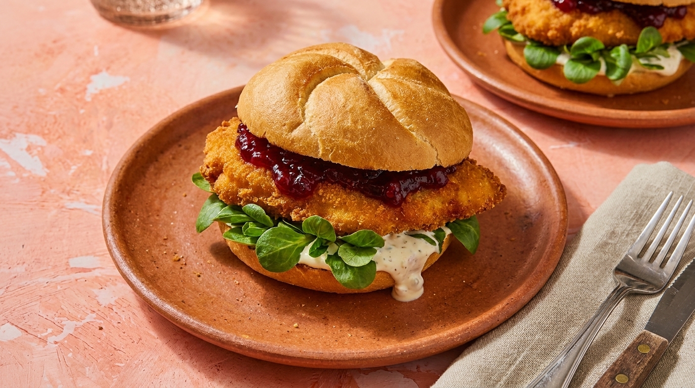 Brötchen mit knusprig paniertem Hähnchenfilet, frischen grünen Blättern, cremiger Sauce und dunkler Beerenglasur auf braunem Teller.