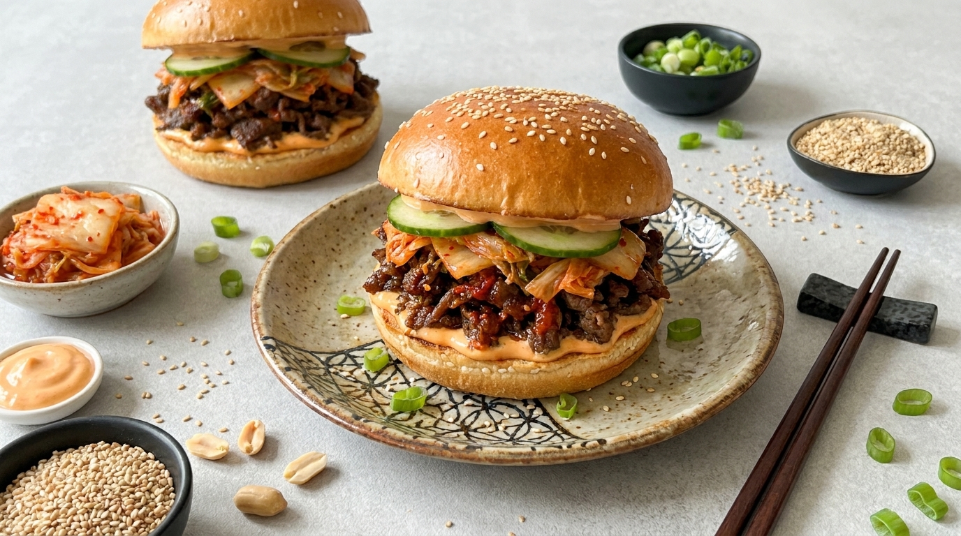 Zwei koreanisch inspirierte Burger auf Tellern: Sesambrötchen gefüllt mit würzigem Rindfleisch, Kimchi, Gurkenscheiben und würziger Sauce.