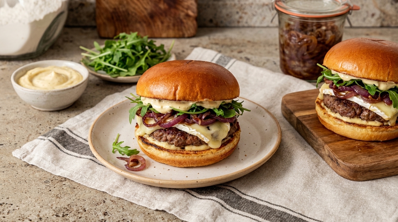 Zwei saftige Cheeseburger mit Briochebrötchen, geschmolzenem Käse, Rindfleischpatty, karamellisierten Zwiebeln und Rucola.