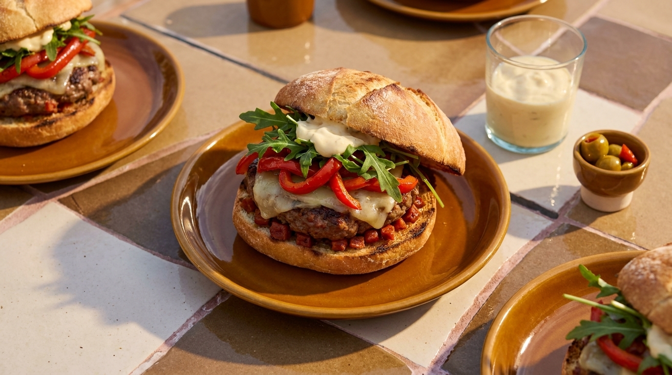 Belegter Burger mit rustikalem Brötchen, saftigem Rindfleischpatty, geschmolzenem Käse, Rucola und roten Paprikastreifen auf einem Teller.