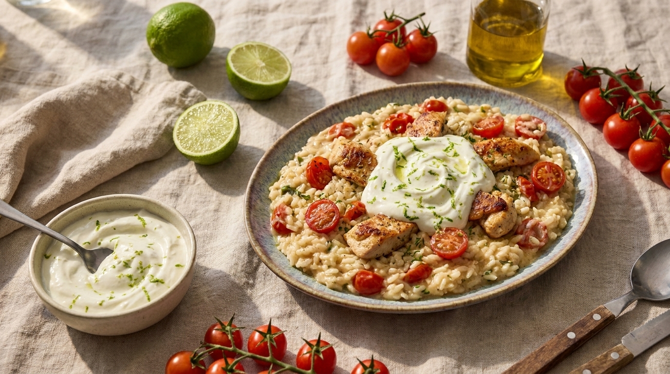 Teller mit cremigem Risotto, gegrillten Hähnchenstücken, halbierten Cherrytomaten und einem Klecks Limetten-Joghurt-Sauce; Limettenhälften und Tomaten am Stiel daneben.