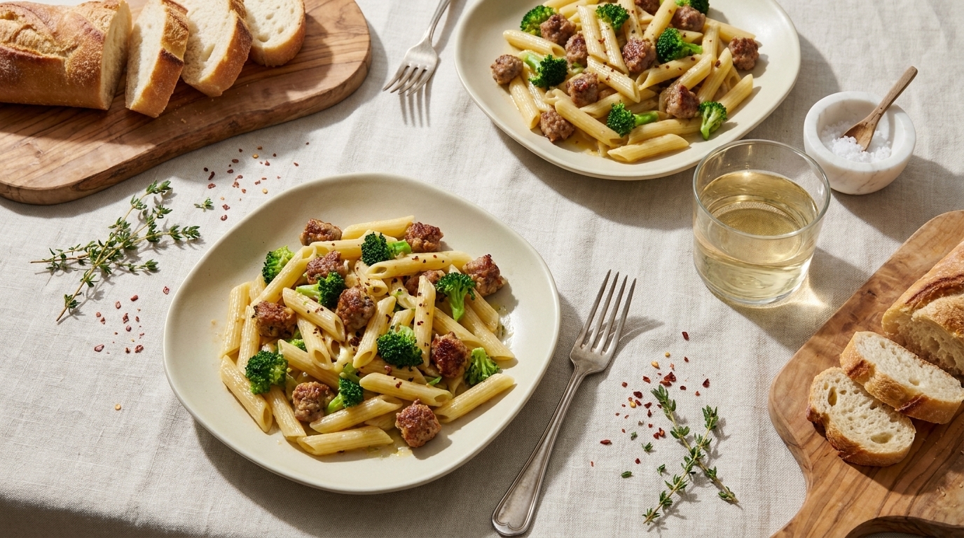 Zwei Teller Penne mit Fleischbällchen und Brokkoliröschen auf gedecktem Tisch, dazu Besteck, Baguettescheiben und ein Glas Weißwein.