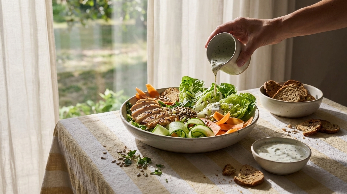 Hand gießt Dressing über große Schüssel mit gemischtem Salat, gegrilltem Hühnchen, Gurken, Karotten und Samen; daneben Schälchen mit Brot und Dip.
