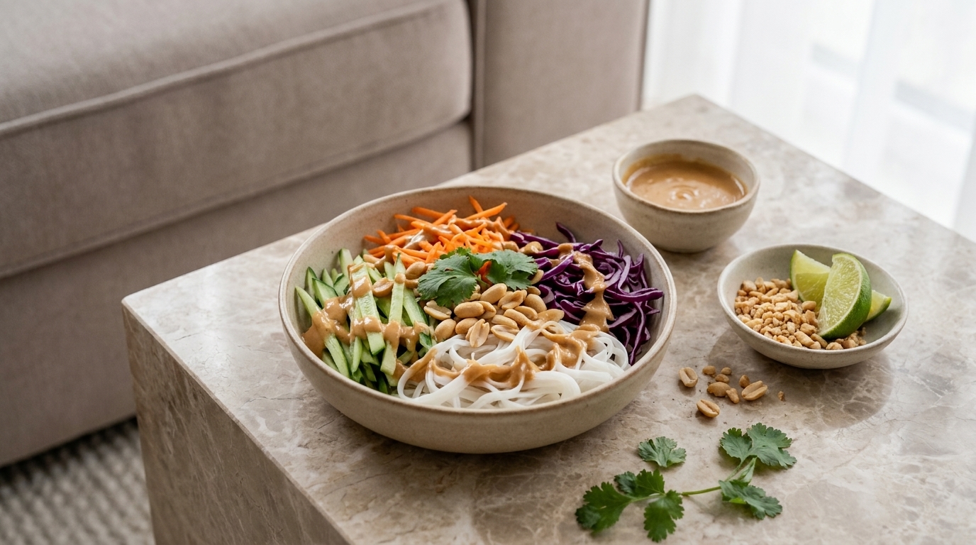 Schale mit Reisnudelsalat: Reisnudeln, Gurkenstreifen, geraspelte Karotten, Rotkohl, gehackte Erdnüsse, Koriander und Erdnusssauce. Daneben kleine Schälchen mit Limetten und extra Erdnüssen.
