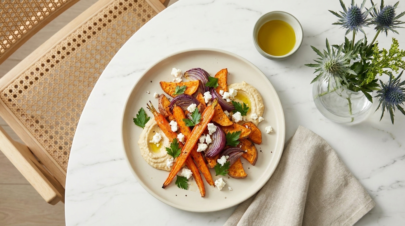 Teller mit gerösteten Karotten und Süßkartoffelspalten auf Hummus, garniert mit roten Zwiebelringen, zerbröseltem Feta und Petersilie.