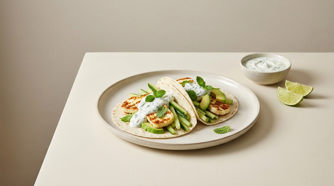 Zwei weiche Tacos auf einem Teller, gefüllt mit gegrilltem Käse, Avocado, Gurkenstiften, Kräuter-Joghurt, mit Minzblättern garniert; Limettenspalten daneben.