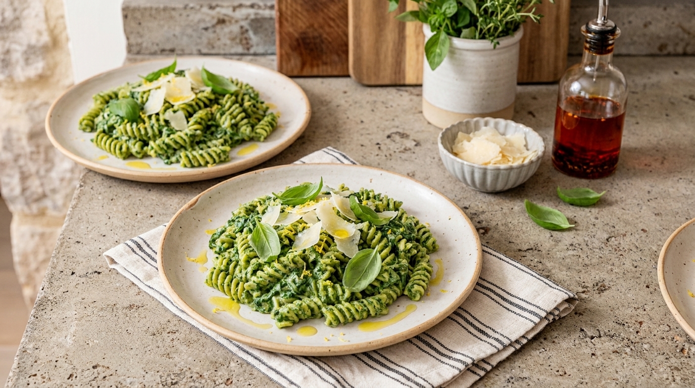 Zwei Teller Fusilli mit grünem Pesto, frischen Basilikumblättern, Parmesanspänen und einem Schuss Olivenöl auf hellem Teller.