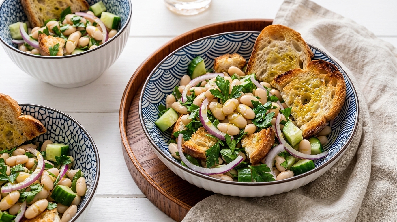Schüssel mit Bohnensalat: weiße Bohnen, Gurkenwürfel, rote Zwiebelringe, Petersilie und geröstete Brotscheiben.