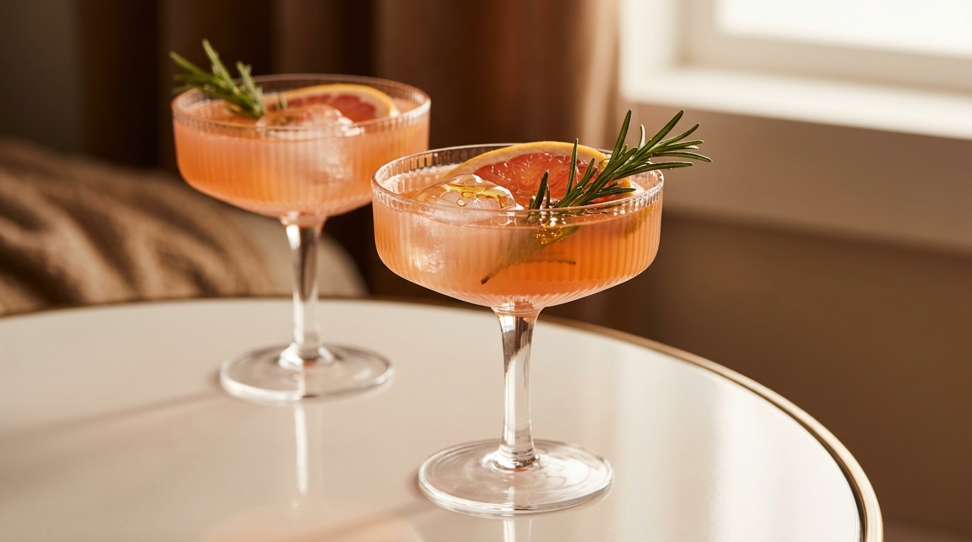 Zwei Coupégläser mit pink-orangenen Cocktails, jeweils garniert mit Grapefruitscheibe und Rosmarinzweig, auf einem runden Tisch.