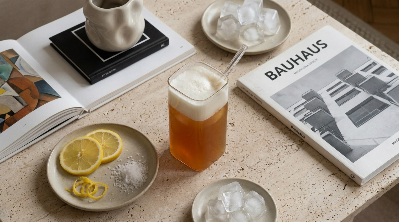 Glas mit eisgekühltem Getränk und Schaum, Metallstrohhalm; Teller mit Zitronenscheiben und Zitronenschale; kleine Schälchen mit Eiswürfeln auf einem Couchtisch.