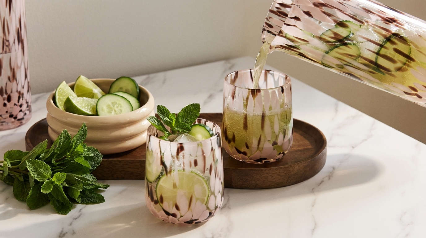 Krug gießt erfrischendes Gurken‑Limetten‑Wasser in zwei dekorative Gläser; auf einem Tablett liegen Gurken- und Limettenscheiben sowie frische Minzstängel.