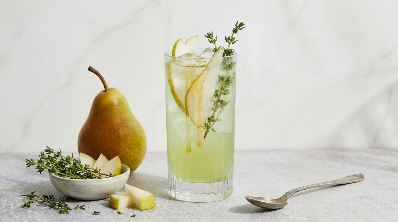 Glas mit hellgrünem Birnencocktail auf Eis, garniert mit Birnenscheiben und Thymian; daneben eine ganze Birne, Schale mit Thymian und Birnenwürfeln sowie ein Löffel.