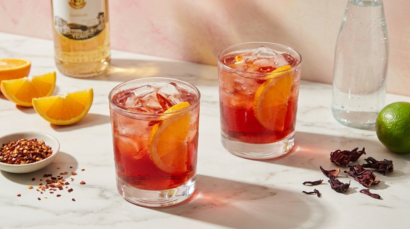 Zwei Gläser mit rotem, eisgefülltem Cocktail und Orangenscheiben auf Marmor, daneben Orangenschnitze, Limette und Hibiskusblüten.