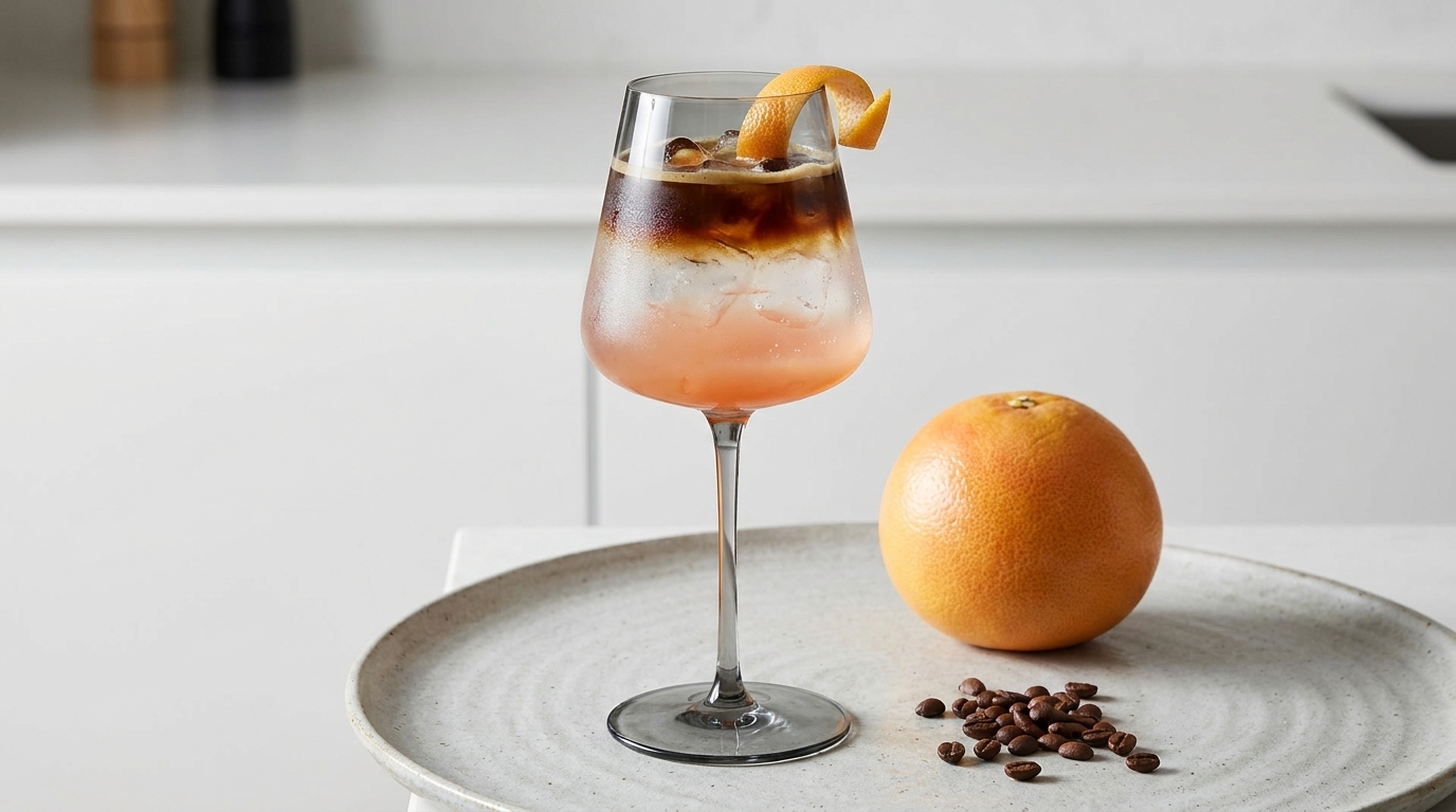 Weinglas mit geschichtetem, eisgekühltem Getränk (rosa Basis, dunkler Espresso oben) und Orangenschalen-Garnitur; daneben eine Grapefruit und einige Kaffeebohnen auf einem Teller.