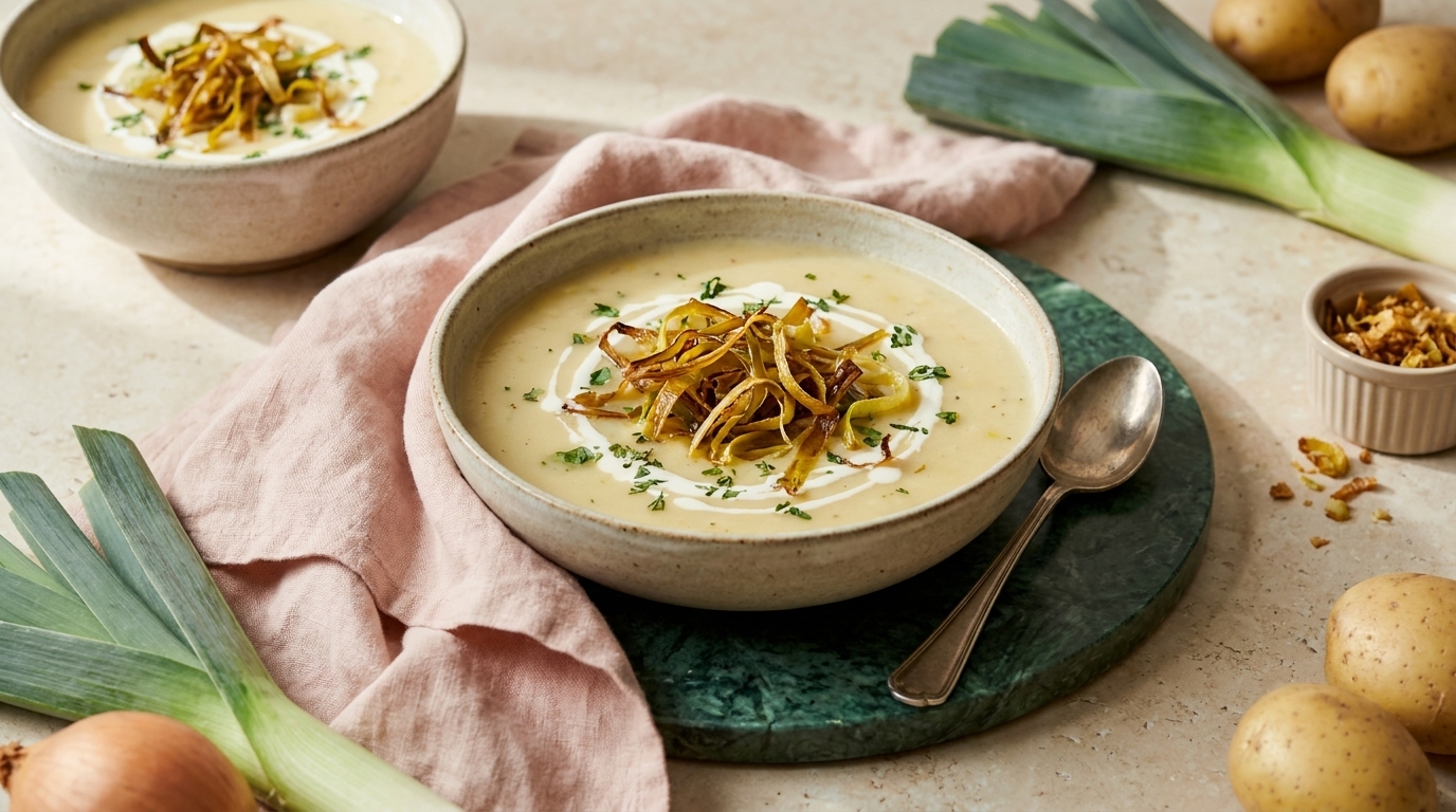 Zwei Schalen cremige Lauch‑Kartoffel‑Suppe, jeweils mit Sahne, knusprig gebratenen Lauchstreifen und frisch gehackten Kräutern garniert; Löffel und frische Kartoffeln sowie Lauch liegen daneben.